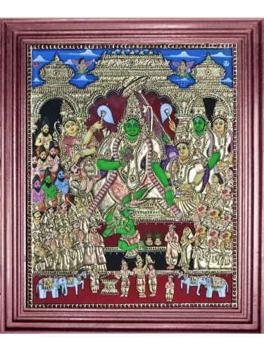 Handcrafted Ramar Pattabishegam Tanjore Painting featuring Lord Rama’s coronation in regal gold tones with Sita, Hanuman, and royal attendants